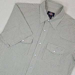 Dickies Western Shirt Mens Large Tan Black Micro Check Pearl Snap Short Sleeve